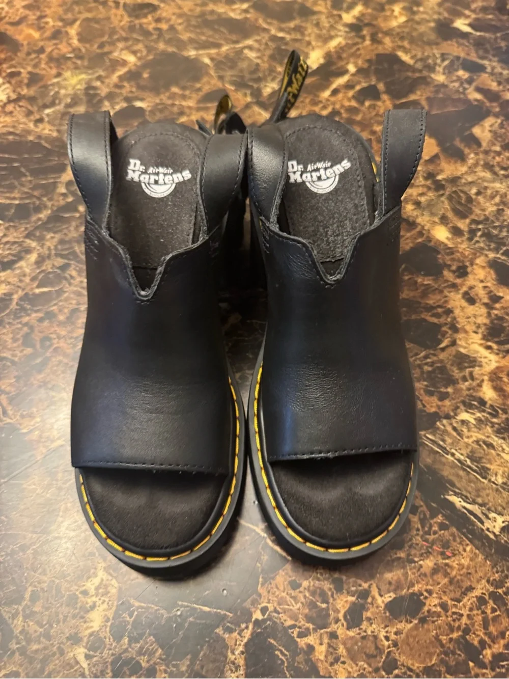 Dr. Martens Black Leather Yellow-Stitch Platform Sandals size 6